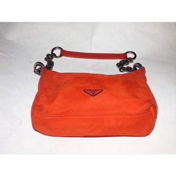 Prada Reddish Orange Suede And Leather Shoulder Purse  With A Chrome Chain - Picture 2 of 8
